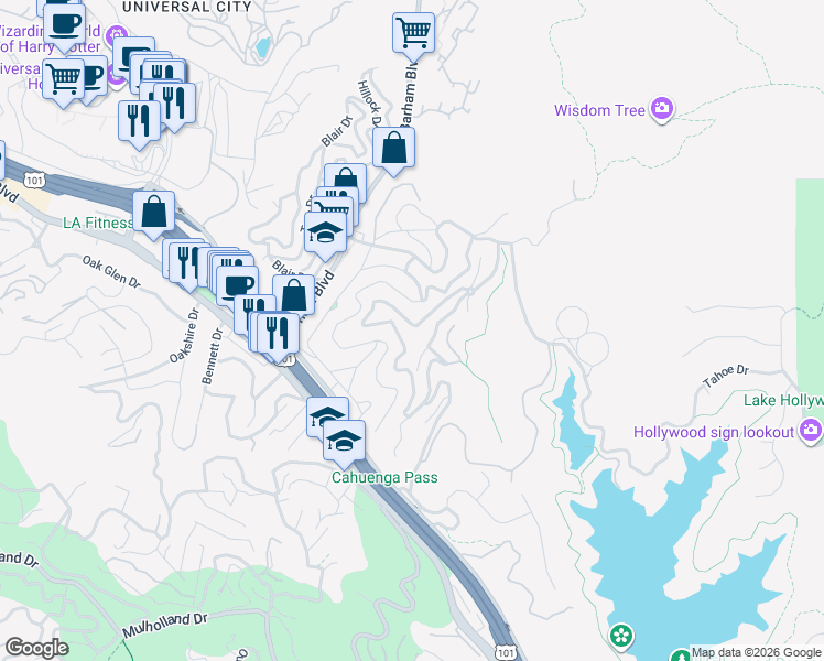 map of restaurants, bars, coffee shops, grocery stores, and more near 3392 Tareco Drive in Los Angeles