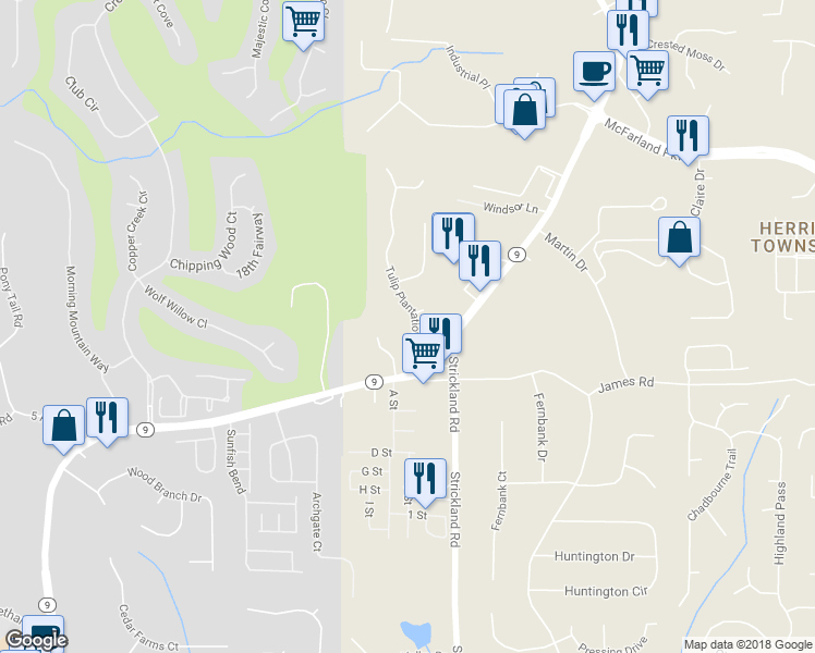map of restaurants, bars, coffee shops, grocery stores, and more near 6465 Tulip Plantation Road in Alpharetta