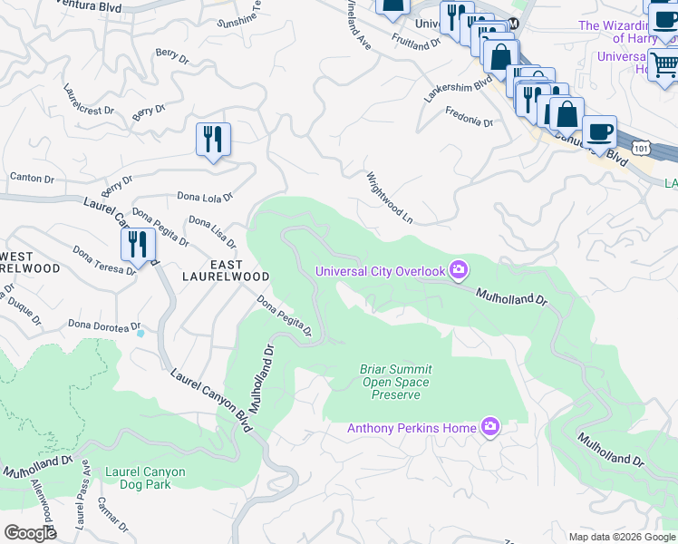 map of restaurants, bars, coffee shops, grocery stores, and more near 7833 Torreyson Drive in Los Angeles