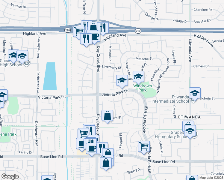map of restaurants, bars, coffee shops, grocery stores, and more near 12289 Bellflower Court in Rancho Cucamonga