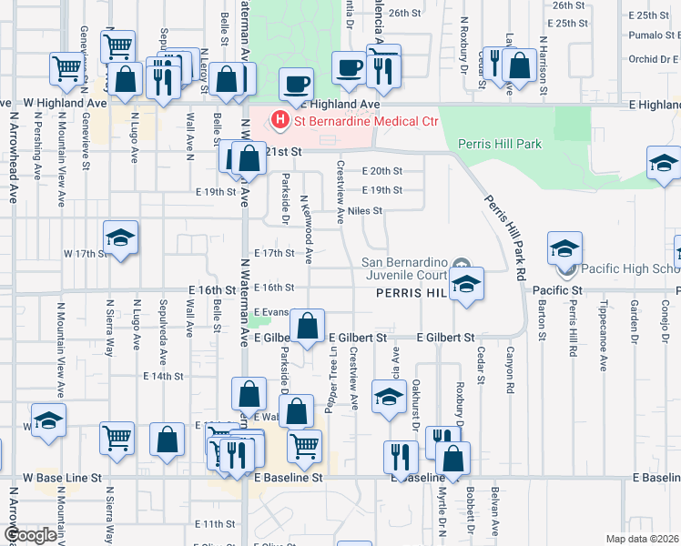 map of restaurants, bars, coffee shops, grocery stores, and more near 557 East Trenton Street in San Bernardino