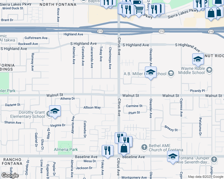 map of restaurants, bars, coffee shops, grocery stores, and more near 6856 San Rafael Court in Fontana