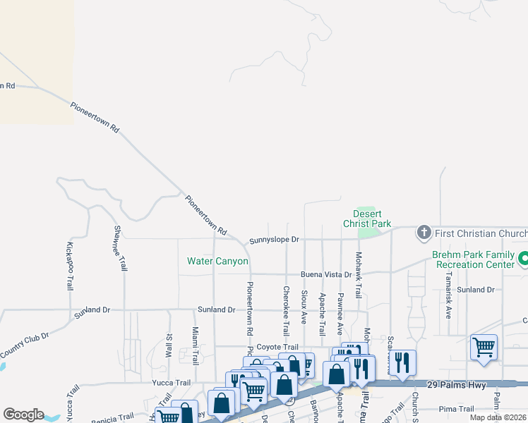 map of restaurants, bars, coffee shops, grocery stores, and more near 55848 Sunnyslope Drive in Yucca Valley