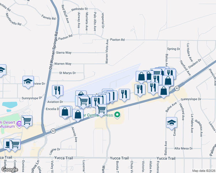 map of restaurants, bars, coffee shops, grocery stores, and more near 6820 Warren Vista Avenue in Yucca Valley