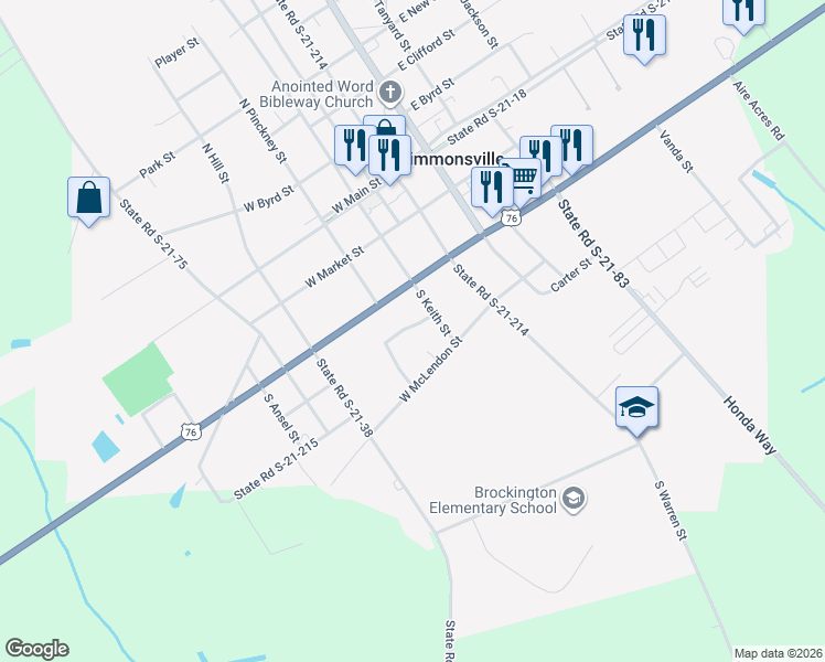 map of restaurants, bars, coffee shops, grocery stores, and more near 412 Tobacco Street in Timmonsville