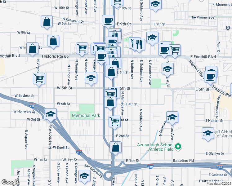 map of restaurants, bars, coffee shops, grocery stores, and more near 452 North Azusa Avenue in Azusa