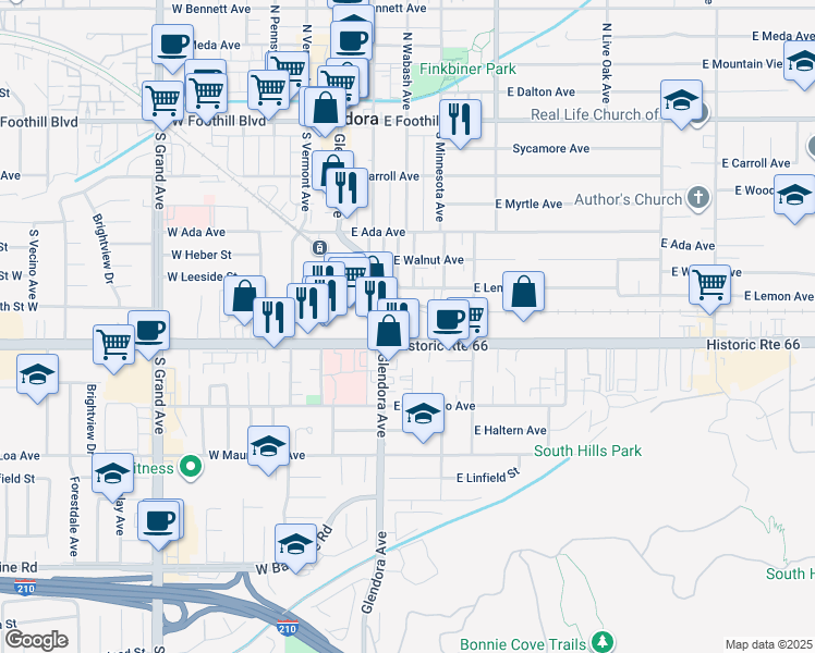 map of restaurants, bars, coffee shops, grocery stores, and more near 121 East Route 66 in Glendora