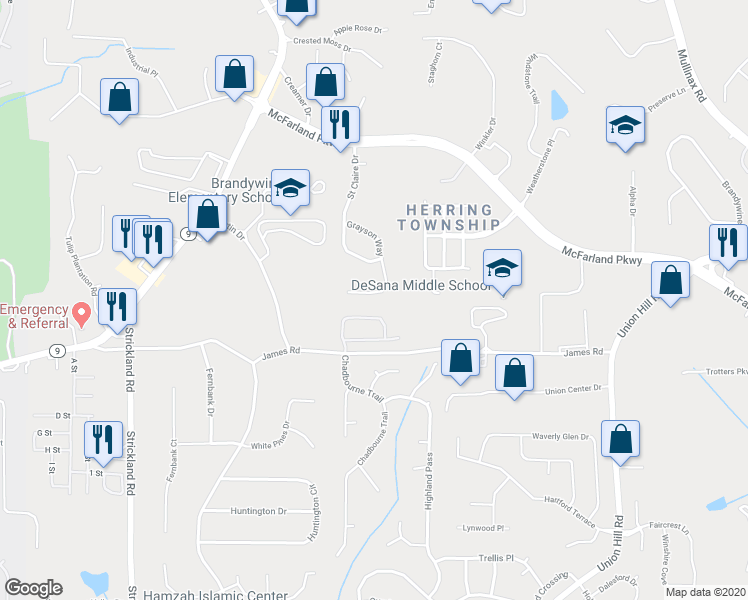 map of restaurants, bars, coffee shops, grocery stores, and more near 455 Grayson Way in Alpharetta