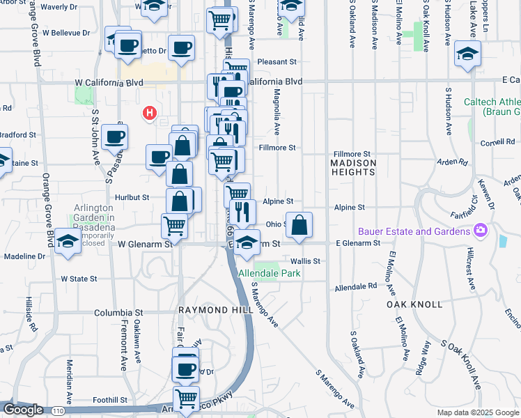 map of restaurants, bars, coffee shops, grocery stores, and more near 246 Alpine Street in Pasadena