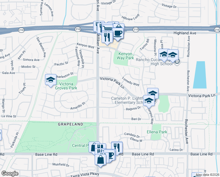 map of restaurants, bars, coffee shops, grocery stores, and more near 11389 Padova Drive in Rancho Cucamonga