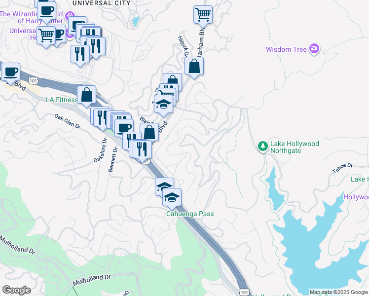 map of restaurants, bars, coffee shops, grocery stores, and more near 3319 Tareco Drive in Los Angeles