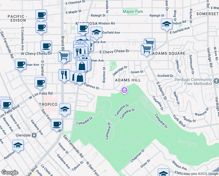 map of restaurants, bars, coffee shops, grocery stores, and more near 551 East Cypress Street in Glendale