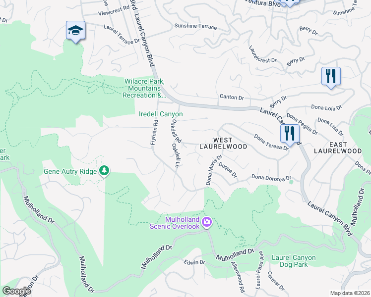 map of restaurants, bars, coffee shops, grocery stores, and more near 3243 Oakdell Road in Los Angeles