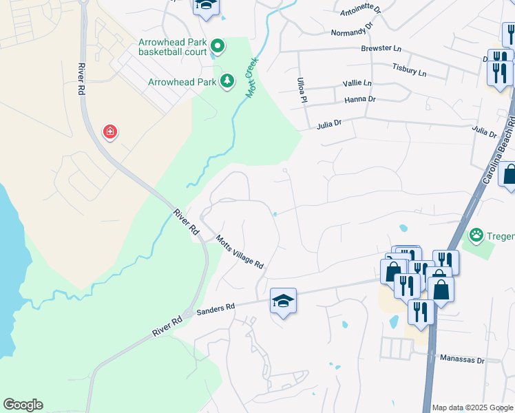 map of restaurants, bars, coffee shops, grocery stores, and more near 6215 Motts Village Road in Wilmington