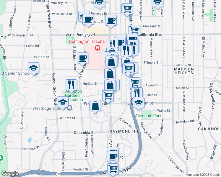 map of restaurants, bars, coffee shops, grocery stores, and more near 961 S Fair Oaks Ave in Pasadena