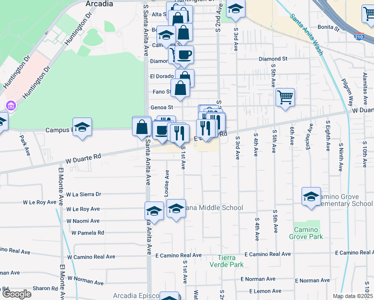 map of restaurants, bars, coffee shops, grocery stores, and more near 1016 South 1st Avenue in Arcadia