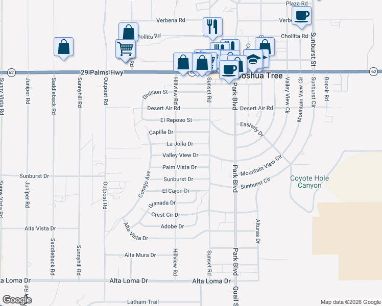 map of restaurants, bars, coffee shops, grocery stores, and more near 61630 Valley View Drive in Joshua Tree