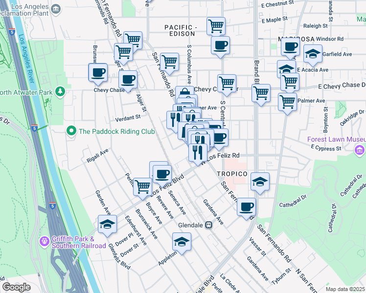 map of restaurants, bars, coffee shops, grocery stores, and more near 435 West Cypress Street in Glendale