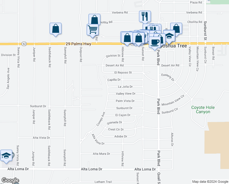 map of restaurants, bars, coffee shops, grocery stores, and more near 61516 Valley View Drive in Joshua Tree
