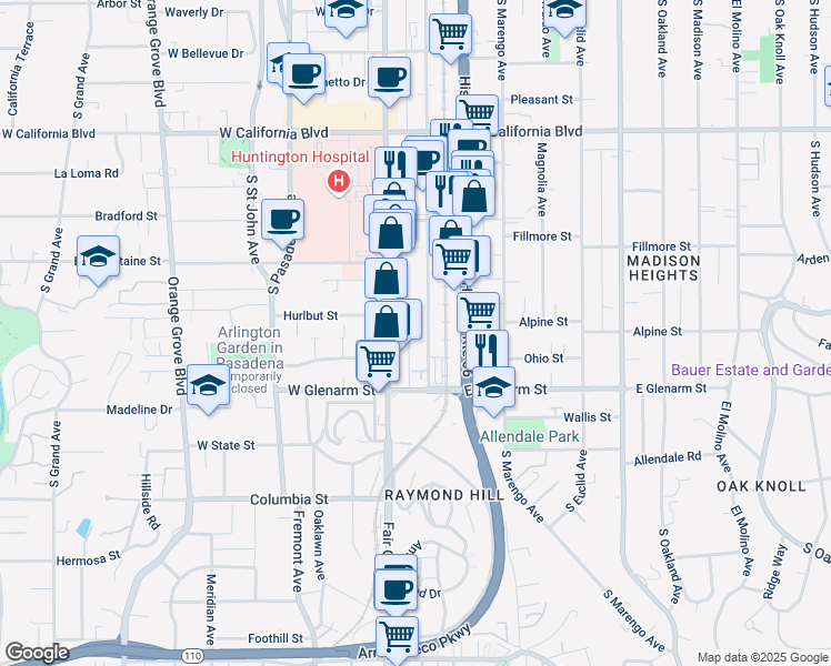 map of restaurants, bars, coffee shops, grocery stores, and more near 943 South Raymond Avenue in Pasadena