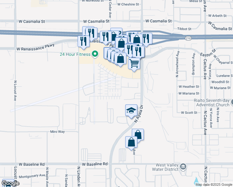 map of restaurants, bars, coffee shops, grocery stores, and more near 1216 Yeager Avenue in Rialto