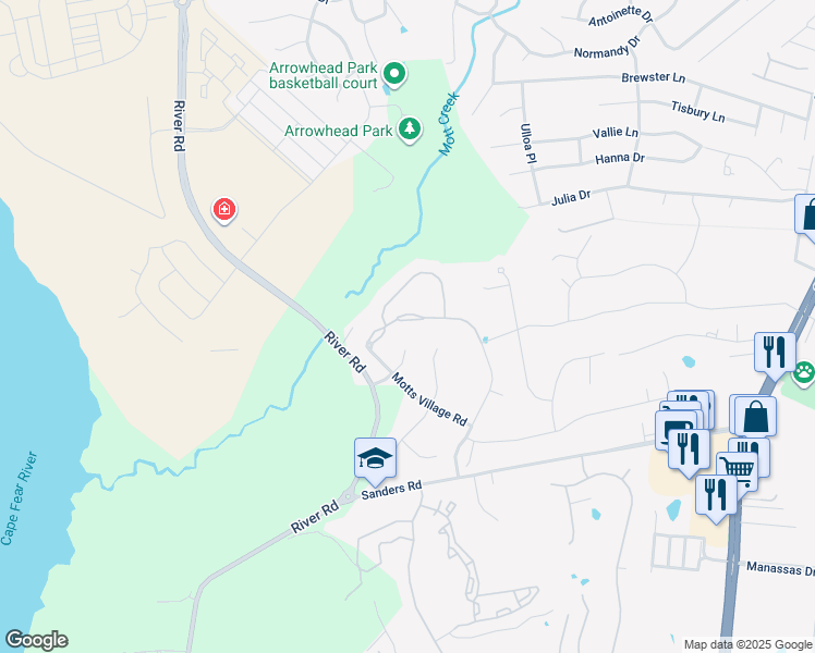 map of restaurants, bars, coffee shops, grocery stores, and more near 6325 Motts Village Road in Wilmington