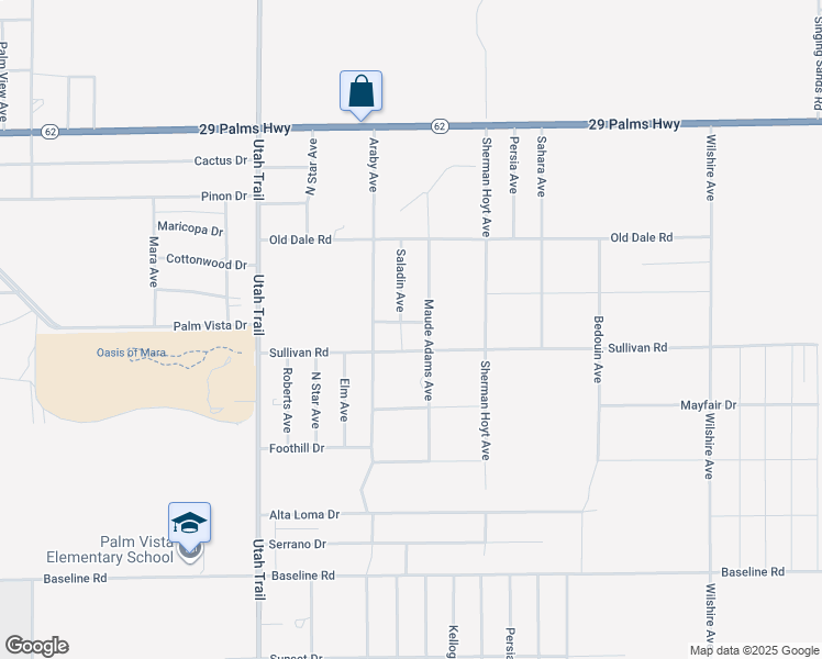 map of restaurants, bars, coffee shops, grocery stores, and more near 74771 Palm Vista Drive in Twentynine Palms