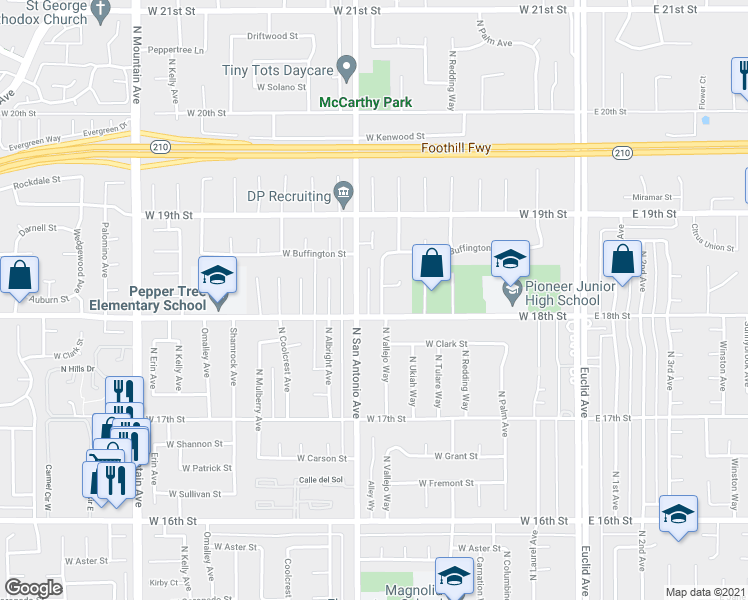 map of restaurants, bars, coffee shops, grocery stores, and more near 1817 North Vallejo Way in Upland