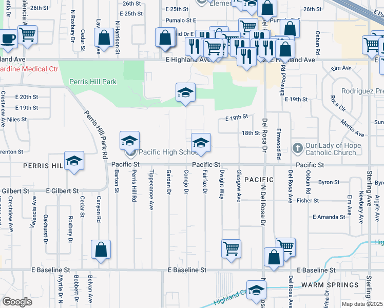 map of restaurants, bars, coffee shops, grocery stores, and more near 6863 Conejo Drive in San Bernardino