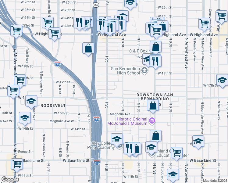 map of restaurants, bars, coffee shops, grocery stores, and more near 749 West Trenton Street in San Bernardino