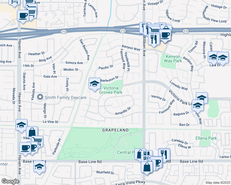 map of restaurants, bars, coffee shops, grocery stores, and more near 6801 York Place in Rancho Cucamonga