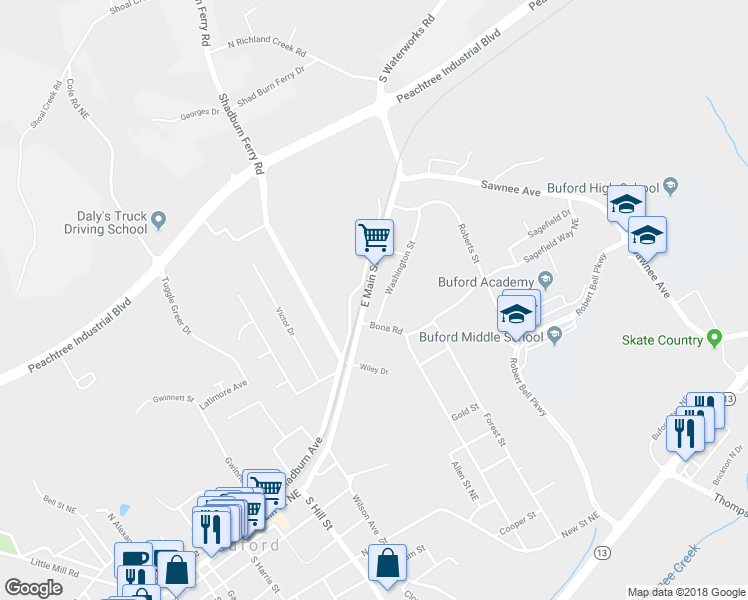 map of restaurants, bars, coffee shops, grocery stores, and more near 525 East Main Street in Buford