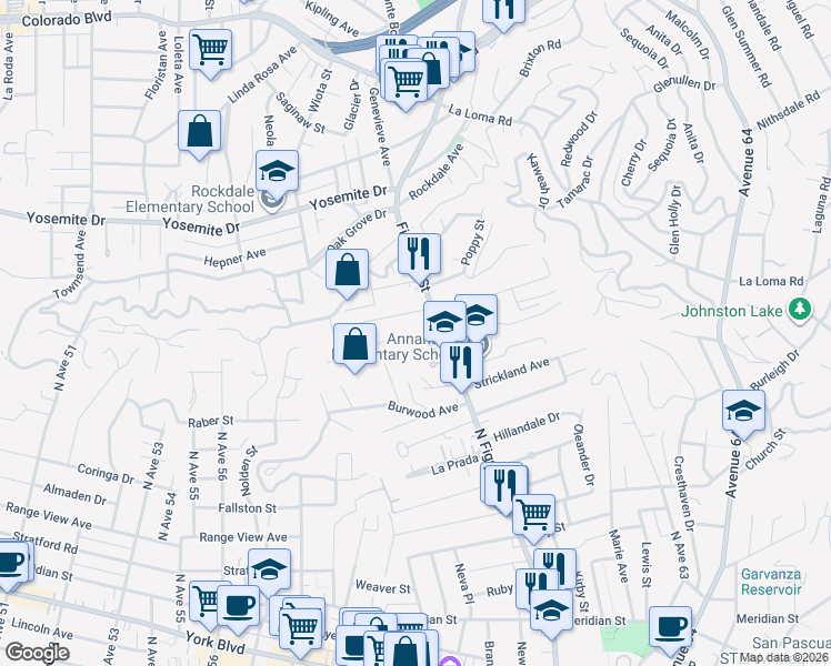 map of restaurants, bars, coffee shops, grocery stores, and more near 6033 Annan Way in Los Angeles