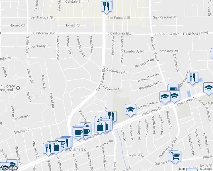 map of restaurants, bars, coffee shops, grocery stores, and more near 975 Winston Avenue in San Marino