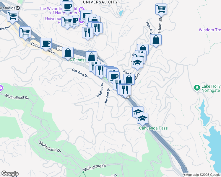 map of restaurants, bars, coffee shops, grocery stores, and more near Cahuenga Boulevard in Los Angeles
