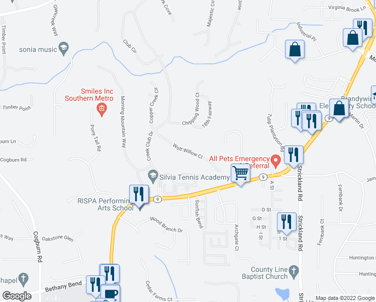 map of restaurants, bars, coffee shops, grocery stores, and more near 3260 Wolf Willow Close in Alpharetta