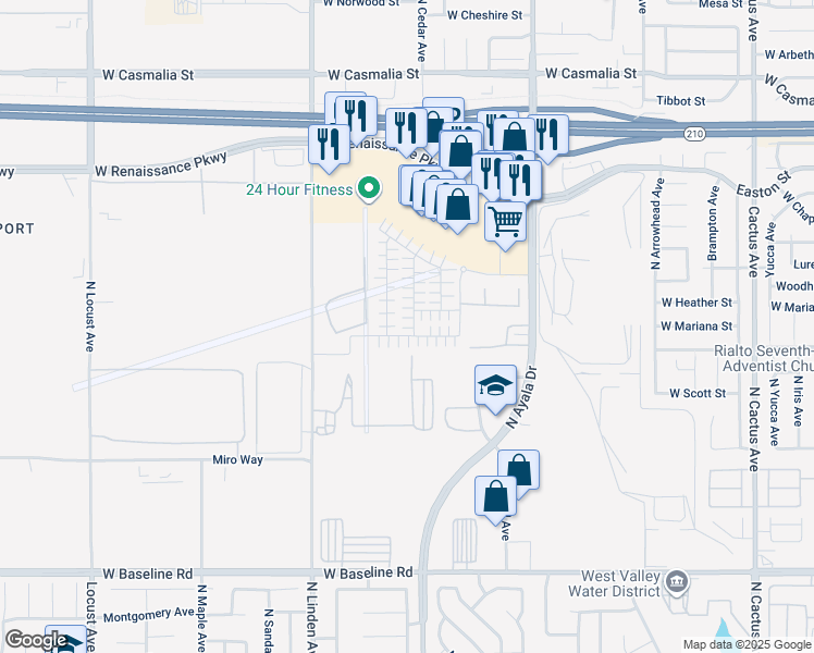 map of restaurants, bars, coffee shops, grocery stores, and more near Phantom Lane in Rialto