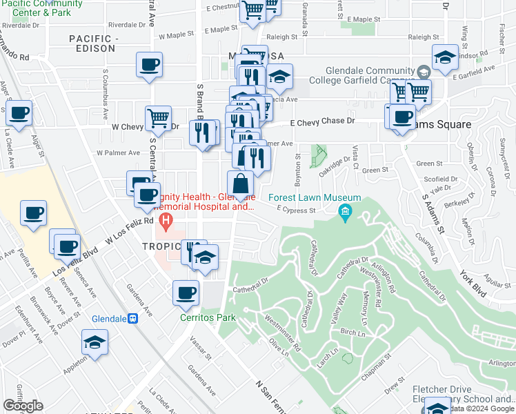 map of restaurants, bars, coffee shops, grocery stores, and more near 330 East Cypress Street in Glendale