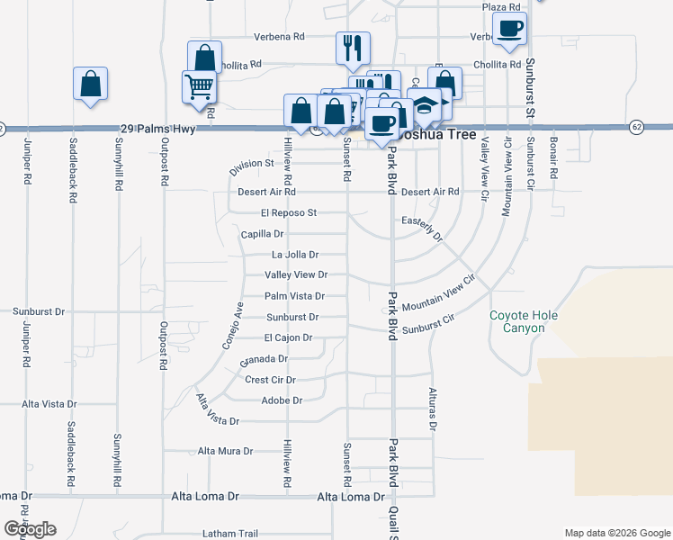 map of restaurants, bars, coffee shops, grocery stores, and more near 6800 Sunset Road in Joshua Tree
