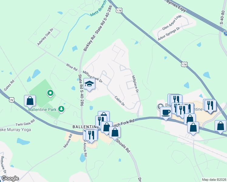 map of restaurants, bars, coffee shops, grocery stores, and more near 328 Cabin Drive in Irmo