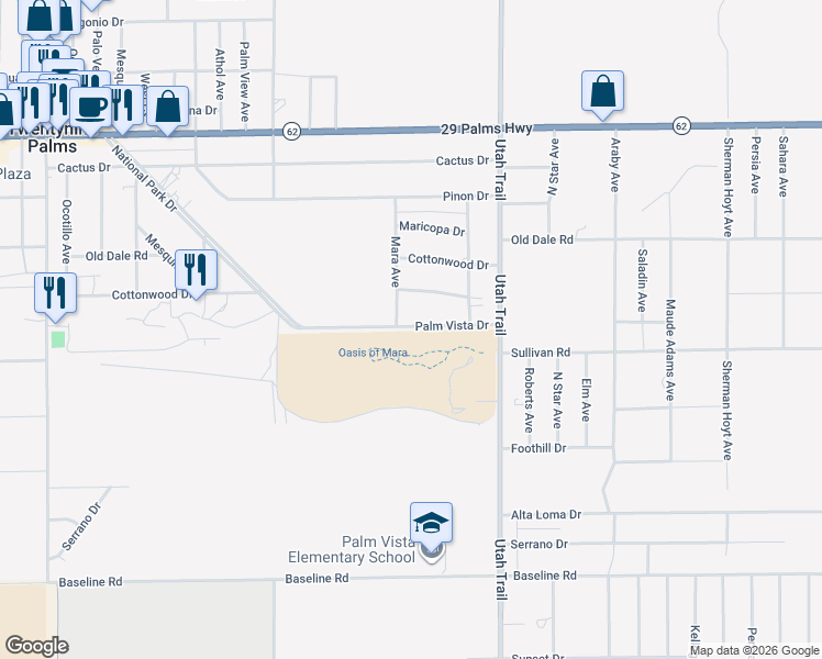 map of restaurants, bars, coffee shops, grocery stores, and more near 74338 Palm Vista Drive in Twentynine Palms