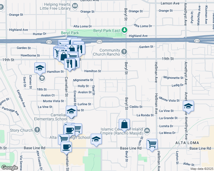 map of restaurants, bars, coffee shops, grocery stores, and more near 8939 Sage Court in Rancho Cucamonga