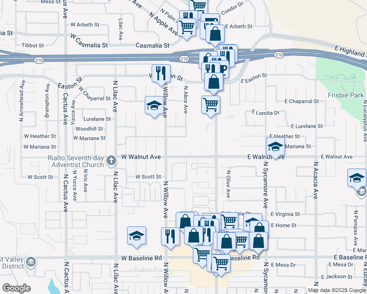 map of restaurants, bars, coffee shops, grocery stores, and more near 220 West Walnut Avenue in Rialto