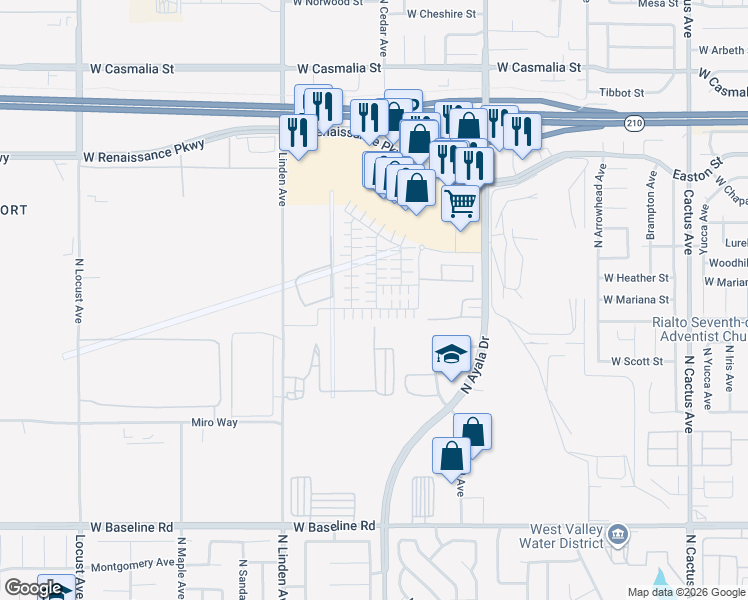 map of restaurants, bars, coffee shops, grocery stores, and more near 1660 Phantom Lane in Rialto