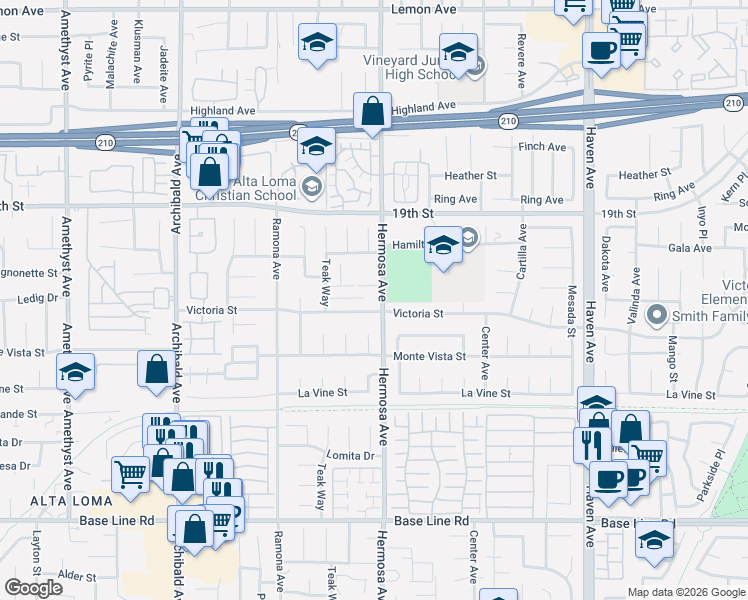 map of restaurants, bars, coffee shops, grocery stores, and more near 10095 Goldenrod Court in Rancho Cucamonga