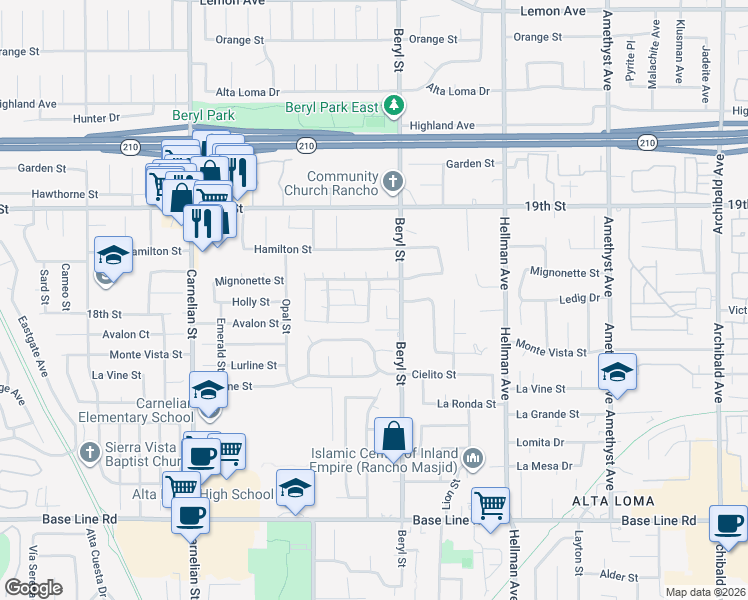 map of restaurants, bars, coffee shops, grocery stores, and more near 6871 Rains Place in Rancho Cucamonga