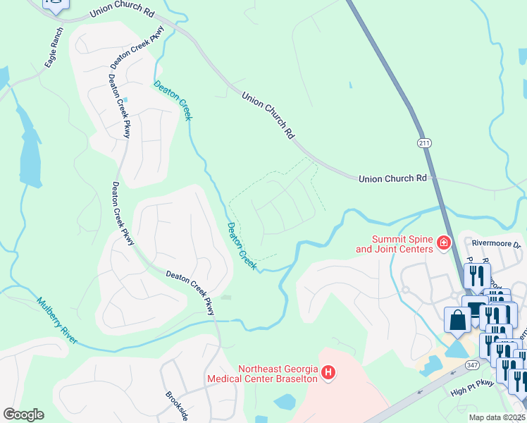 map of restaurants, bars, coffee shops, grocery stores, and more near 6039 Hickory Creek Court in Braselton