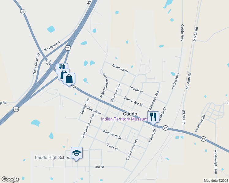 map of restaurants, bars, coffee shops, grocery stores, and more near 201 Choctaw Avenue in Caddo