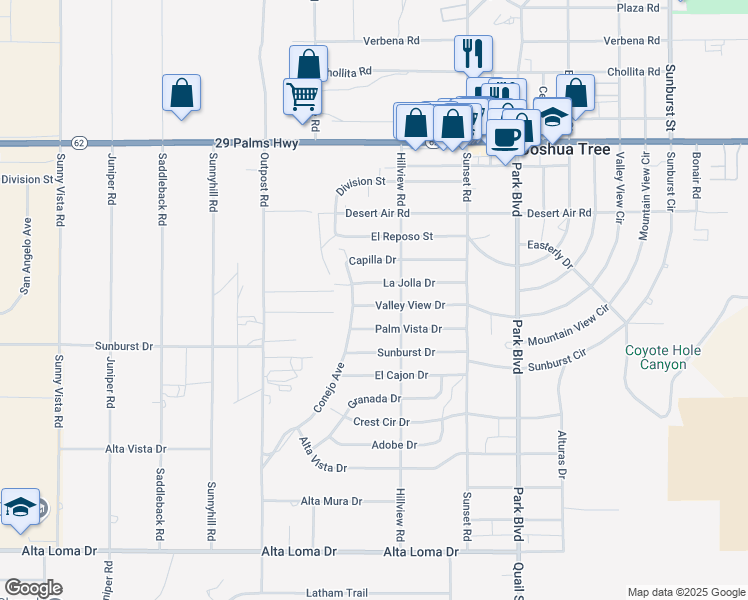 map of restaurants, bars, coffee shops, grocery stores, and more near 61516 Valley View Drive in Joshua Tree