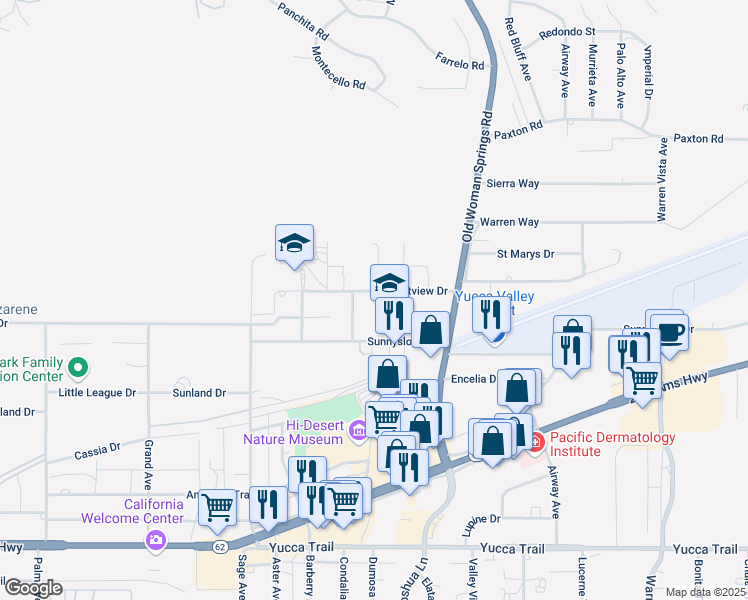map of restaurants, bars, coffee shops, grocery stores, and more near 57141 Crestview Drive in Yucca Valley